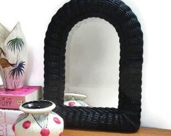 Vintage Whicker Mirror Black Arched Shaped MCM Rattan Decor