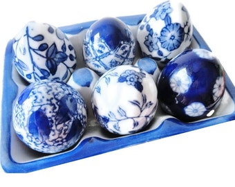 Blue & White Oriental Porcelain Eggs x 6 In Carton Vintage Chinoiserie Floral Design