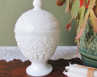 White Milk Glass Egg Shaped Vase Trinket Box Chunky Floral Lidded Pot by Avon