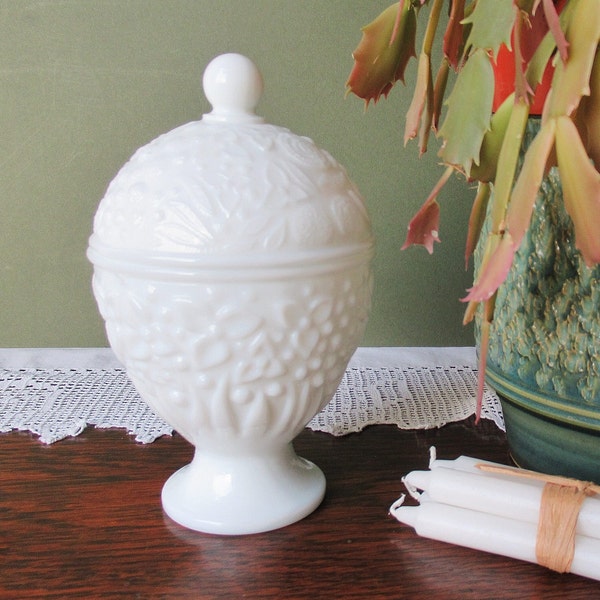 White Milk Glass Egg Shaped Vase Trinket Box Chunky Floral Lidded Pot by Avon