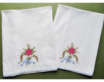 Vintage Embroidered Pillowcases Cross Stitched Roses And Leaves Hand Sewn