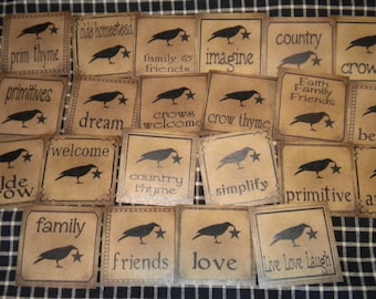 Set of (22) 3" Crow Holding Star Words Prim Pantry Labels
