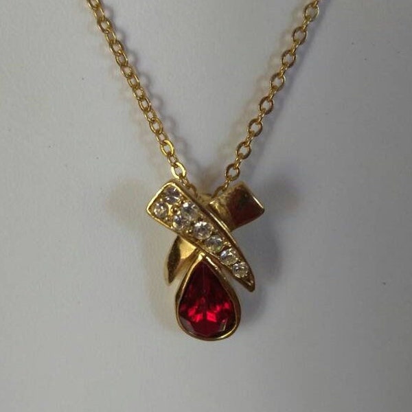 Beautiful Vintage Signed Roman Necklace , Crystal and Red Glass Gold Tone Necklace. Roman Crystal Necklace ,