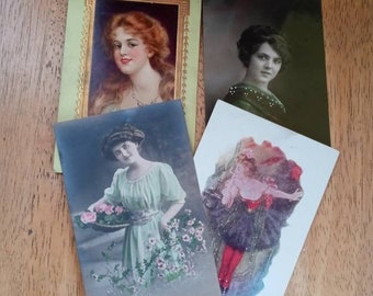 Vintage Ladies Postcards CHOOSE ONE Free Domestic Shipping Lady Dancer Basket With Flowers Long Red Hair