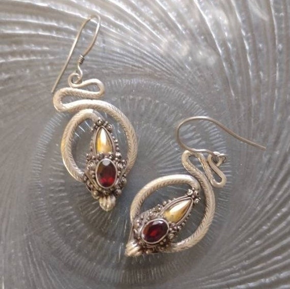 Sterling and Red Stone Dangle Earrings , Gold Pla… - image 1