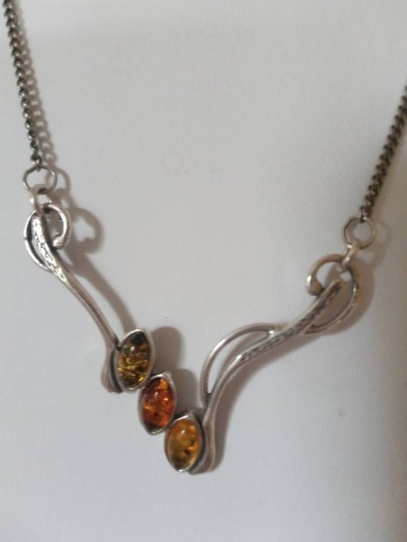 Sterling and Amber Festoon Necklace , Signed Neckl