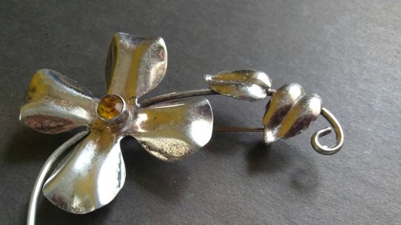 Vintage Sterling Citrine Brooch , 1930s , Sterlin… - image 2