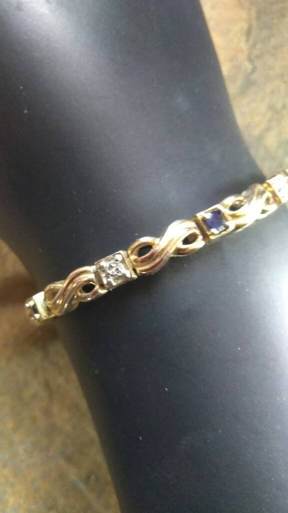 Gold Over Sterling Bracelet With Dark Blue Rhines… - image 2