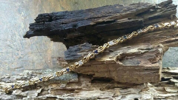 Gold Over Sterling Bracelet With Dark Blue Rhines… - image 6