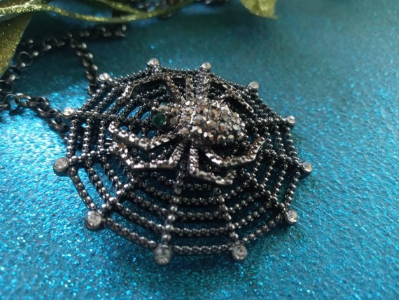Black Metal and Rhinestone Spider and Web Necklac… - image 4