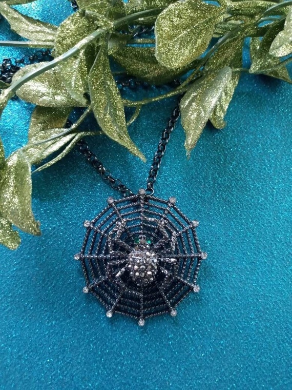 Black Metal and Rhinestone Spider and Web Necklac… - image 1