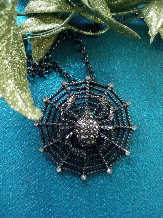 Black Metal and Rhinestone Spider and Web Necklac… - image 6