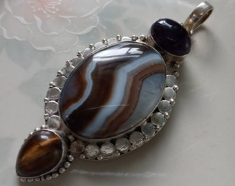 Striking Sterling Pendant With Semi Precious Stones , Tigers Eye , Tourmaline , Agate