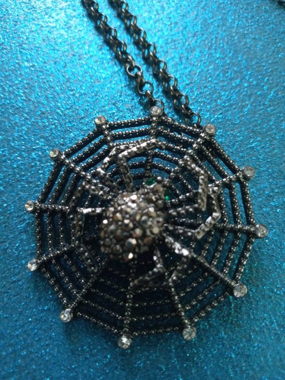 Black Metal and Rhinestone Spider and Web Necklac… - image 7