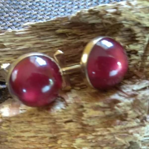 Vintage Swank Cabochon Red Stone Cuff Links , Round Red Stone Swank Cuff Links , Signed Swank , Free Domestic Shipping