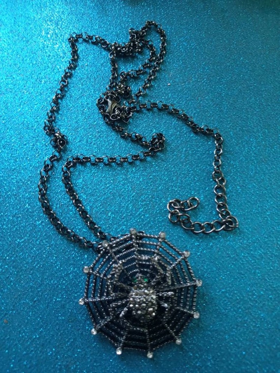Black Metal and Rhinestone Spider and Web Necklac… - image 5
