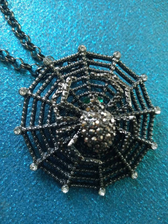 Black Metal and Rhinestone Spider and Web Necklac… - image 2