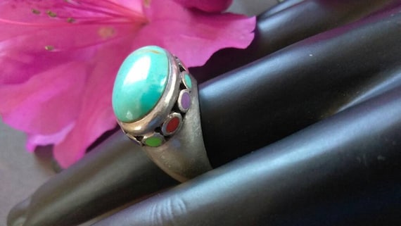 Fabulous Turquoise and Multi Stone Sterling Ring … - image 1