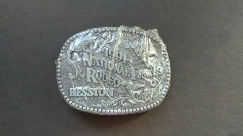 Free Domestic Shipping Bull Rider National Finals Rodeo Vintage Hesston 1991 Rodeo Belt Buckle Hesston Belt Buckle
