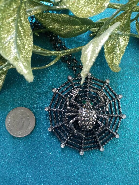 Black Metal and Rhinestone Spider and Web Necklac… - image 9