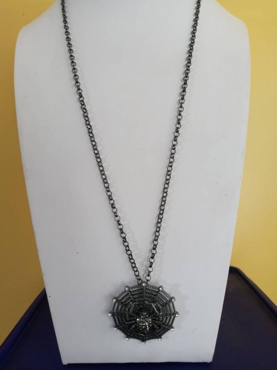 Black Metal and Rhinestone Spider and Web Necklac… - image 3