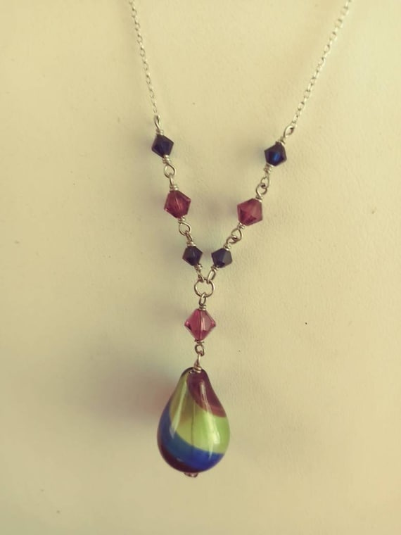 Gorgeous Sterling Hand Blown Art Glass Necklace , 