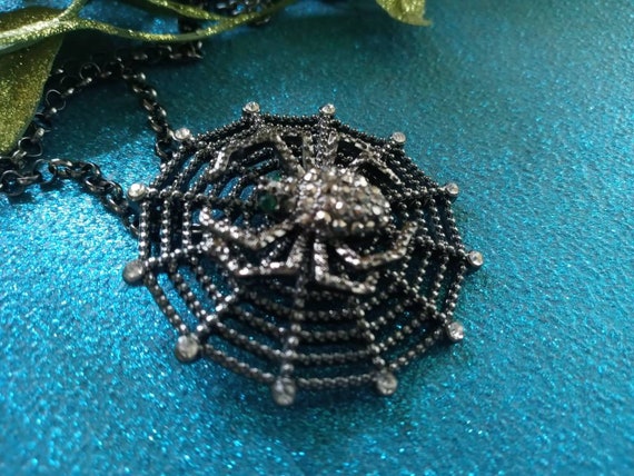 Black Metal and Rhinestone Spider and Web Necklac… - image 8