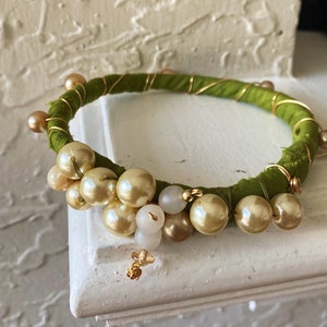 wristlet bangle green silk cuff,  pearl bangle, modernist woman’s luxury dress bangle