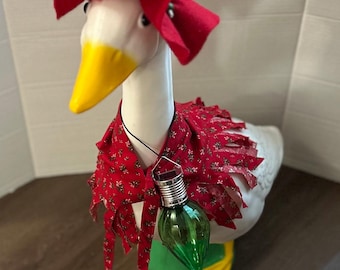 Vintage Christmas Goose Outfit, Red Floral Wrap, Floppy Hat