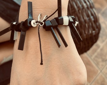 black gothic zip tie bracelet up cycled punk bracelet spike club wear sustainability grunge biker’s bracelet cyber space cuff