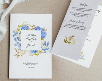 Blue and White Hydrangeas Wedding Program Booklet Template - Printable Blue Watercolor Floral Wedding Ceremony Booklet - DIY Editable BWH7