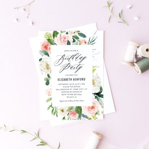 SOFORTIGER DOWNLOAD - Florale Geburtstagsfeier-Einladung Vorlage - Romantische Geburtstagseinladung Aquarell Frühling - Printable Einladung