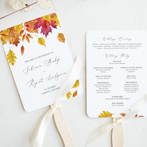 Herbst Hochzeit Programm Fans Vorlage - Druckbare Aquarell Fallende Blätter Herbst Hochzeitszeremonie Fans Programm - DIY bearbeitbar WFL18