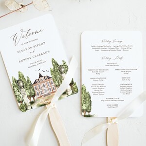Druckbare Vintage Manor Hochzeitsprogramm-Fans Vorlage - DIY Aquarell Manor House Hochzeitszeremonie-Fächer - Bearbeitbare Hochzeitsfächer WM23