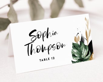 Printable Tropical Place Cards Template - DIY Watercolor Tropical Leaves Faux Gold Foil Wedding Escort Cards - Editable Place Cards TF40