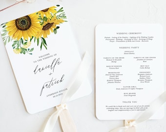 Sunflowers Wedding Program Fans Template - Printable Watercolor Sunflowers and Eucalyptus Wedding Ceremony Fans - DIY Editable Templett SE35