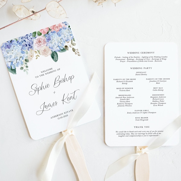 Blue Floral Wedding Program Fans Template - Printable Blue Hydrangeas and Pink Roses Wedding Ceremony Fans - DIY Editable Templett BHR5