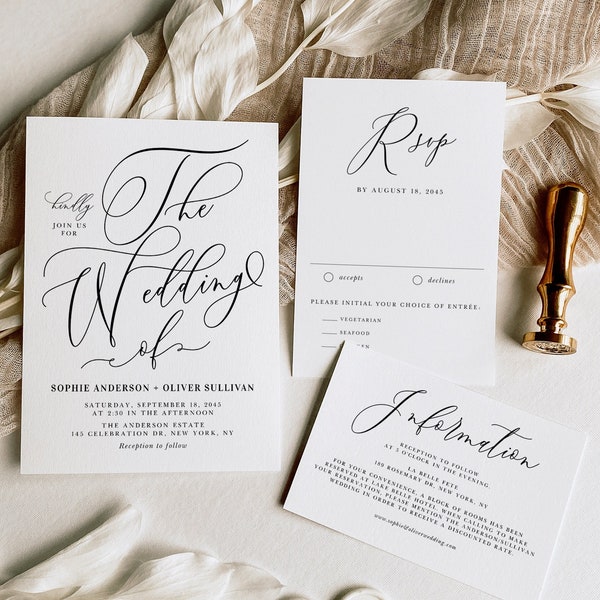 Printable Calligraphy Wedding Invitation Set Template - DIY Whimsical Script Wedding Invite, RSVP, Details Card -Editable Wedding Suite CS74