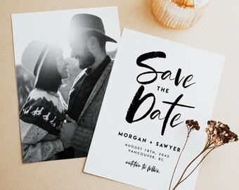Printable Rustic Script Save the Date Template - DIY Boho Calligraphy Save the Date Announcement - Editable Photo Save the Date Card RS93