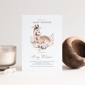 Printable Deer Baby Shower Invitation Template - DIY Watercolor Mommy and Baby Deer Woodland Baby Shower Invite - Editable Invitation DR62
