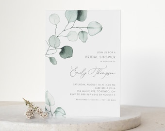 Printable Eucalyptus Bridal Shower Invitation Template - Watercolor Minimalist Greenery Bridal Luncheon Invite - Editable Invitation MDE5