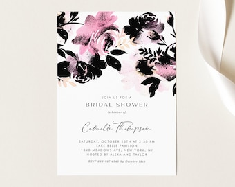 Modern Floral Bridal Shower Invitation Template - Printable Watercolor Pink and Black Flowers Bridal Luncheon Evite - Editable Invite BP78