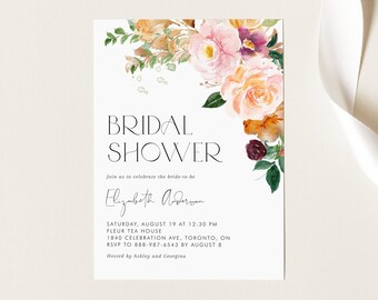 Printable Boho Floral Bridal Shower Invitation Template - Watercolor Pink Boho Autumn Flowers Bridal Shower Evite - Editable Invitation AU59