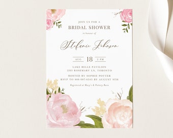 Printable Blush Floral Bridal Shower Invitation Template - Pink Watercolor Roses and Peonies Bridal Shower Evite - Editable Invite WP65