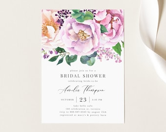 Printable Purple Florals Bridal Shower Invitation Template - DIY Watercolor Purple Peonies Bridal Shower Evite - Editable Peony Invite KL23