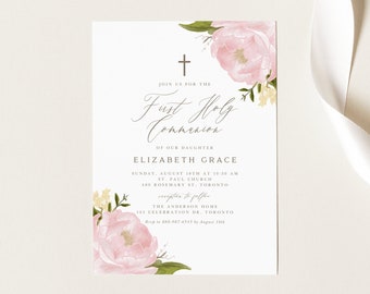 Pode incluir: Um design floral rosa claro e verde sobre um fundo branco. O texto diz "Join us for the First Holy Communion of our daughter Elizabeth Grace. Sunday, August 18th at 10:38 AM. St. Paul Church 480 Rosemary St, Toronto. Reception to follow. The Anderson Home 145 Celebration Dr, Toronto. RSVP to 888-987-6543 by August 15th. Belle Hanah Paperie."