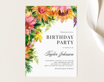 Sunflower Birthday Party Invitation Template - Printable Rustic Watercolor Sunflowers Summer Sweet 16 Party Evite - Editable Invite AS18