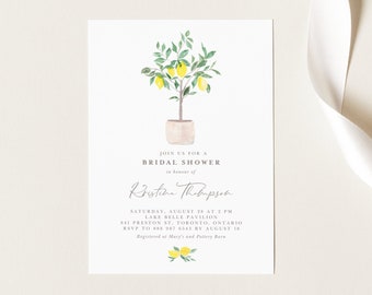 Printable Lemon Bridal Shower Invitation Template - Watercolor Lemon Tree Bridal Luncheon Invite - Editable Summer Bridal Shower Invite LT90