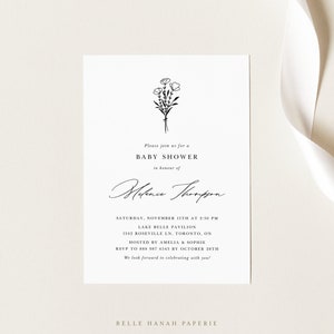 DIY Minimalist Floral Baby Shower Invitation Template - Printable Modern Botanical Bouquet Baby Shower Evite - Editable Invitation MF43