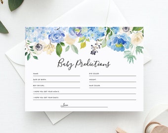 Floral Baby Predictions Baby Shower Card - Printable Watercolor Blue Hydrangeas & Ivory Roses Baby Predictions Card - Instant Download #024